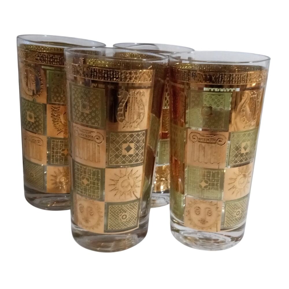 4 Georges Briard Green 22K Gold Celestial Bar Highball Glasses Greco Roman